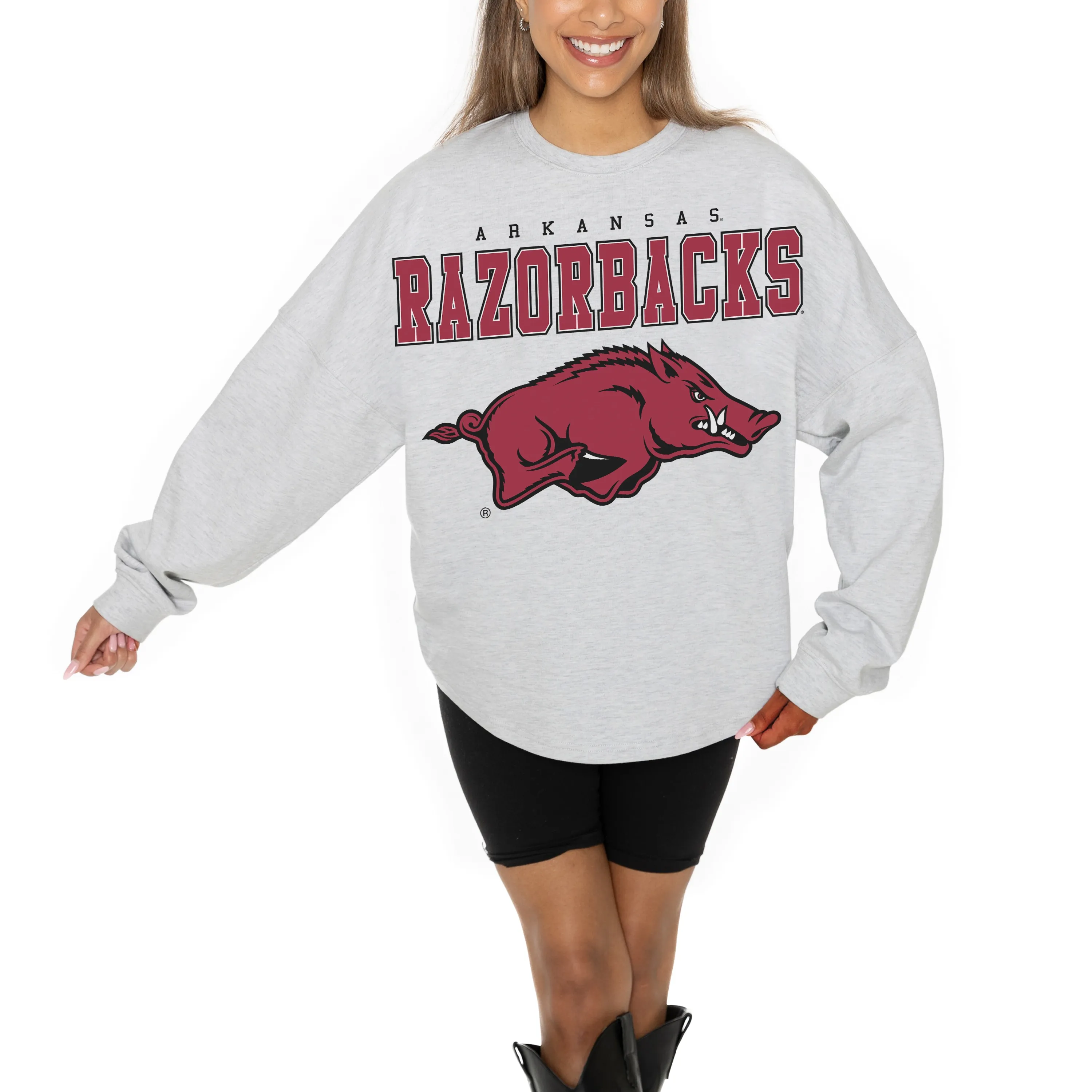 Women's Gameday Couture Ash Arkansas Razorbacks Big Goals Relaxed Fit French Terry Pullover Sweatshirt