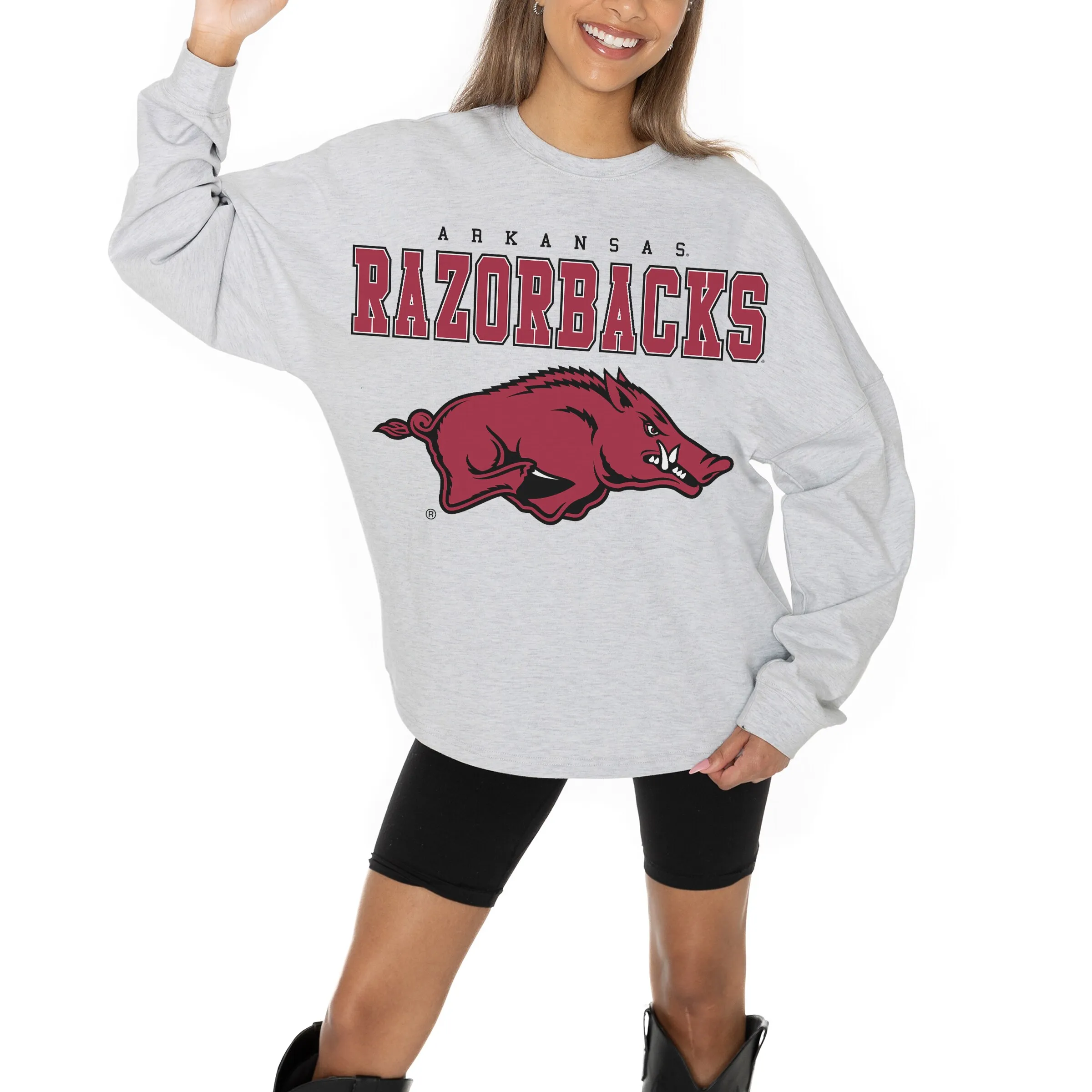 Women's Gameday Couture Ash Arkansas Razorbacks Big Goals Relaxed Fit French Terry Pullover Sweatshirt