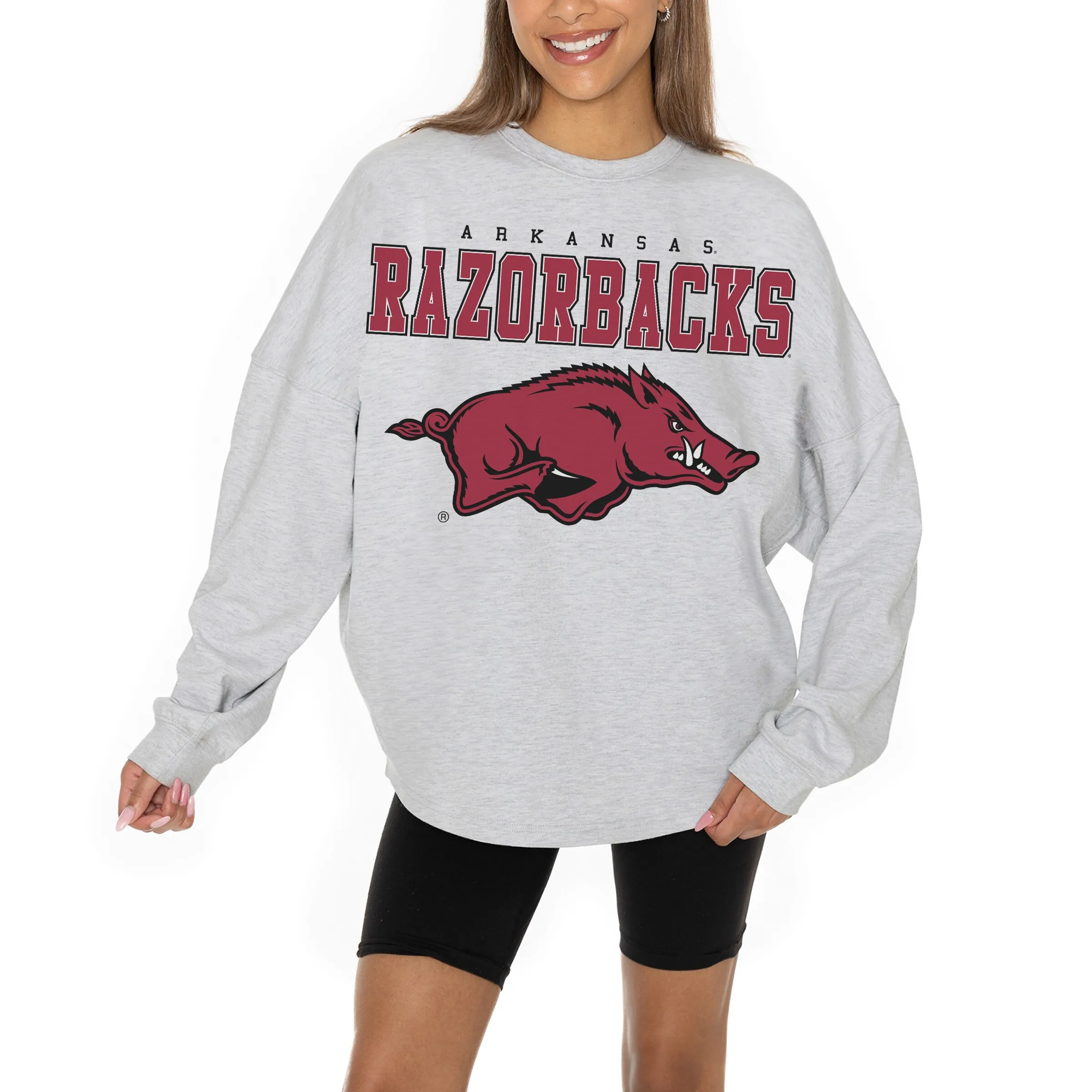 Women's Gameday Couture Ash Arkansas Razorbacks Big Goals Relaxed Fit French Terry Pullover Sweatshirt