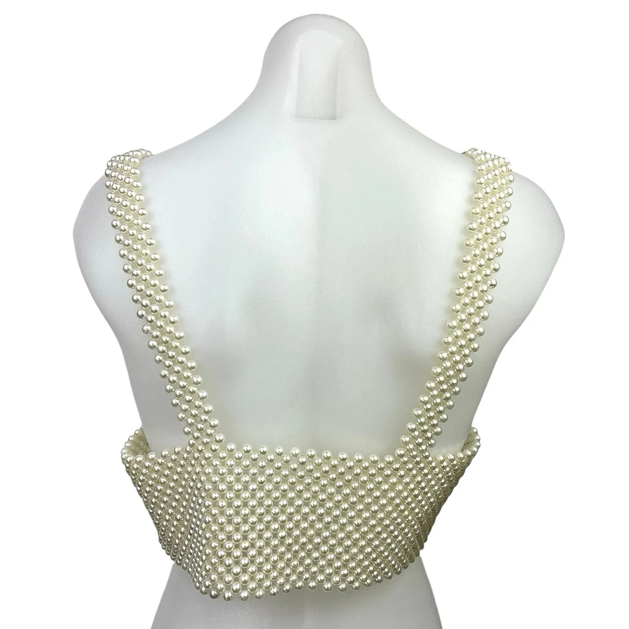 Women's White V Neck Sleeveless Pullover Chic Pearl Chain Beaded Crop Top Size M