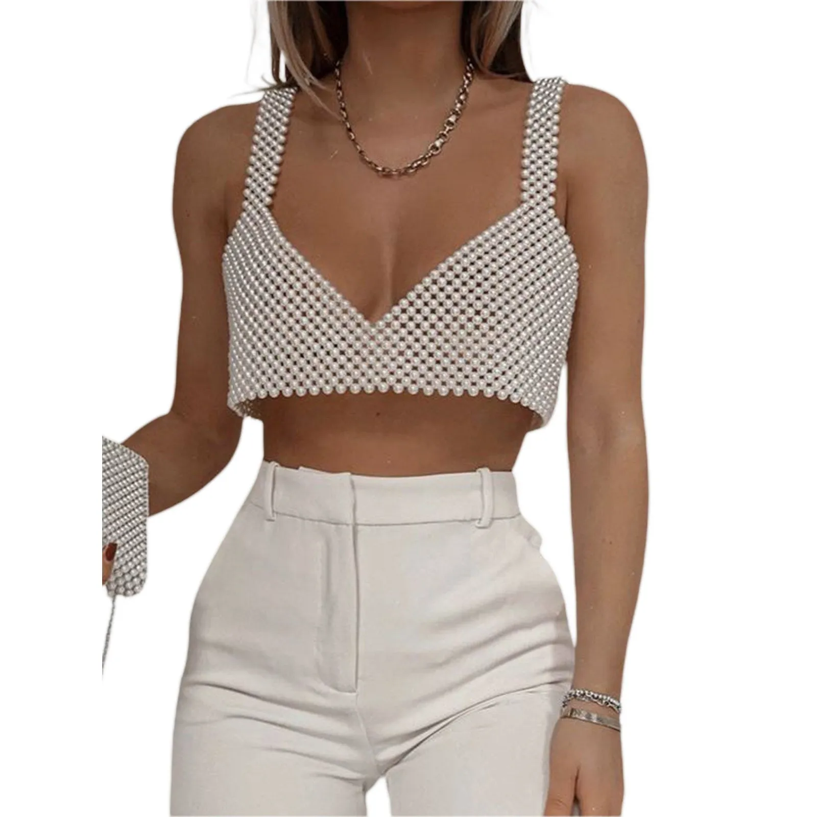 Women's White V Neck Sleeveless Pullover Chic Pearl Chain Beaded Crop Top Size M