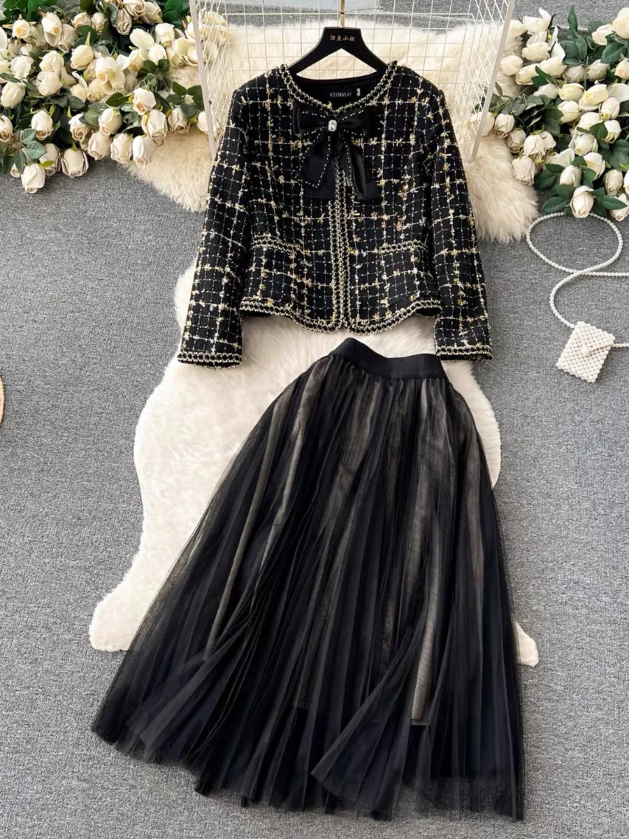 Xiaoxiangfeng celebrity suit for women, high-end fashion woolen jacket + high-waist slim mesh skirt two-piece set (BS0999)