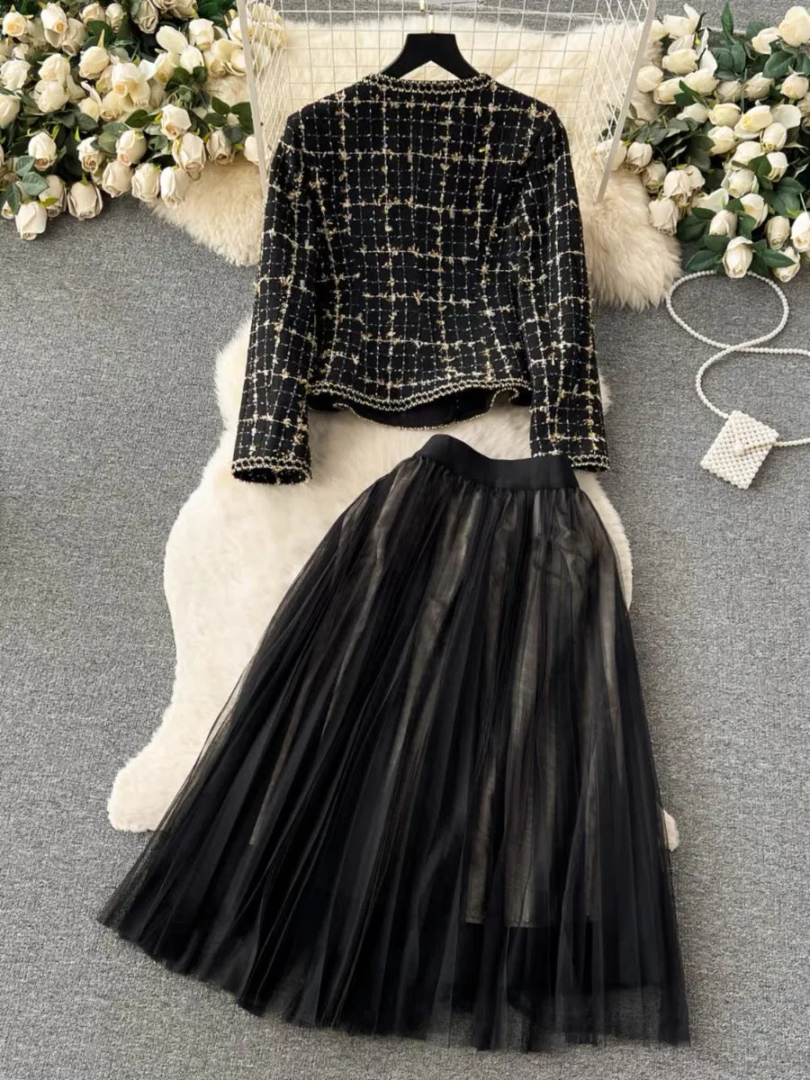 Xiaoxiangfeng celebrity suit for women, high-end fashion woolen jacket + high-waist slim mesh skirt two-piece set (BS0999)