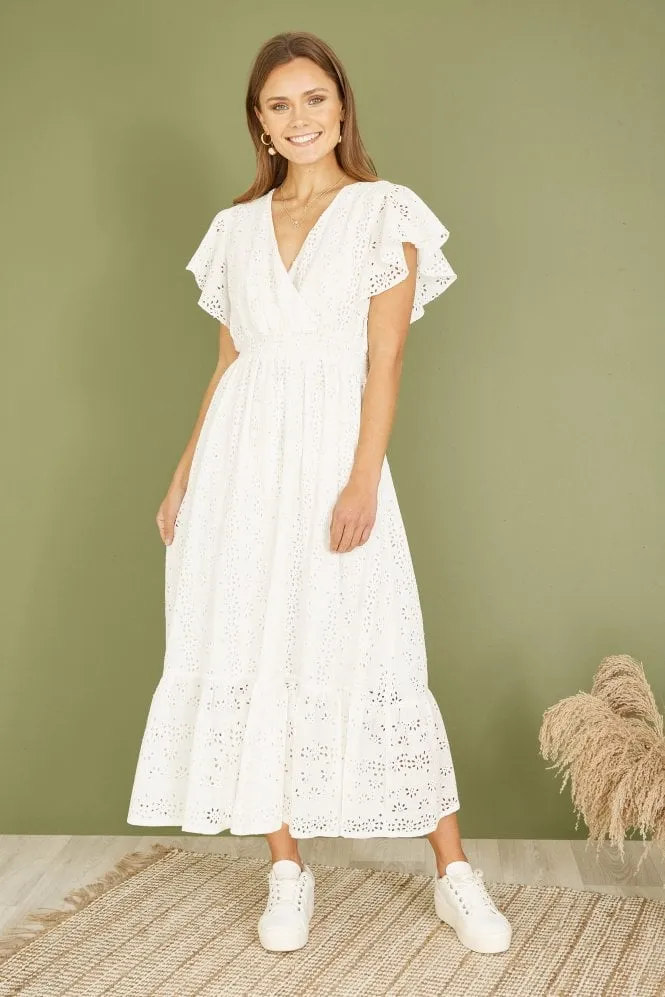 Yumi White Cotton Broderie Anglaise Wrap Midi Dress