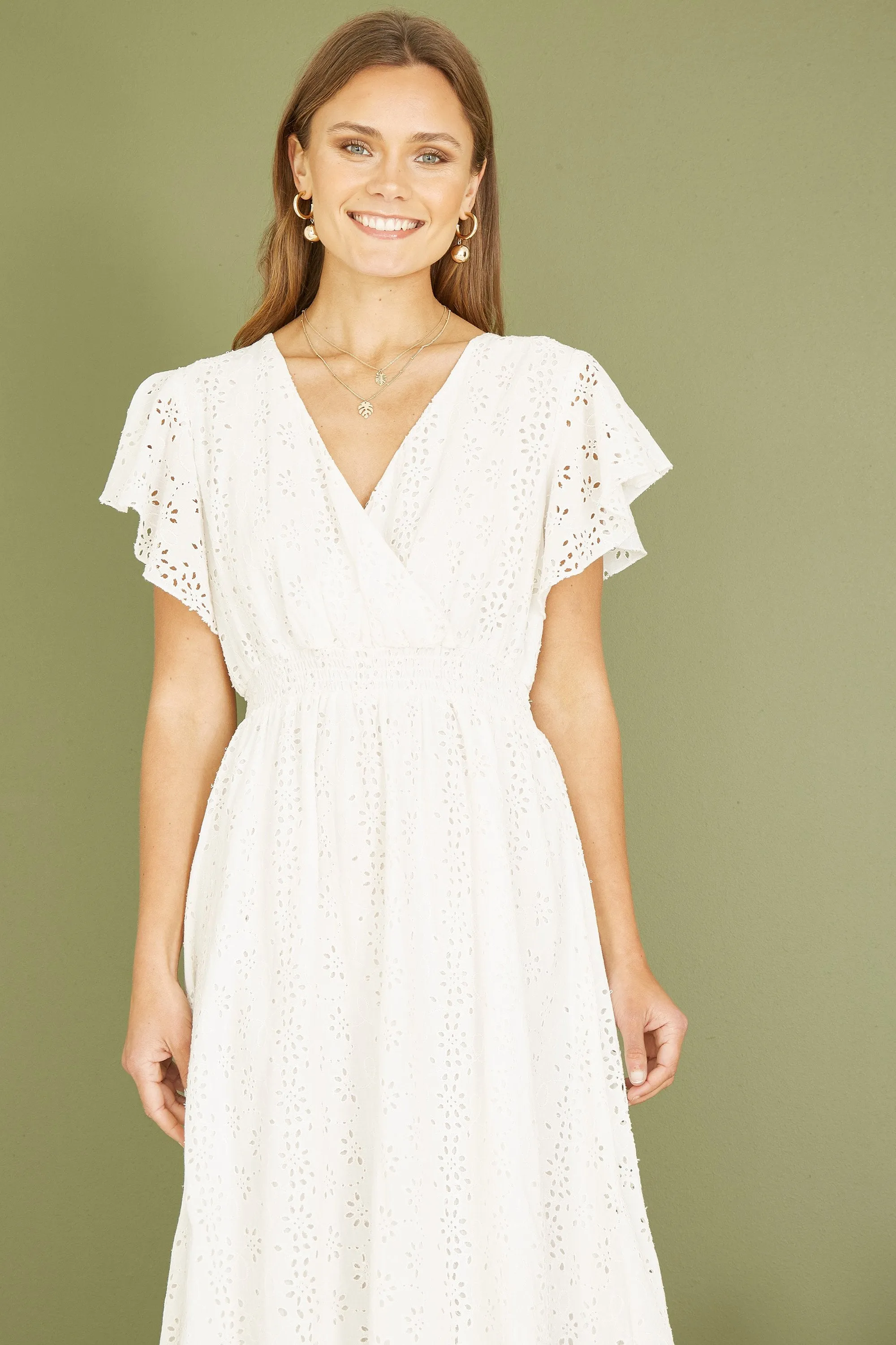 Yumi White Cotton Broderie Anglaise Wrap Midi Dress