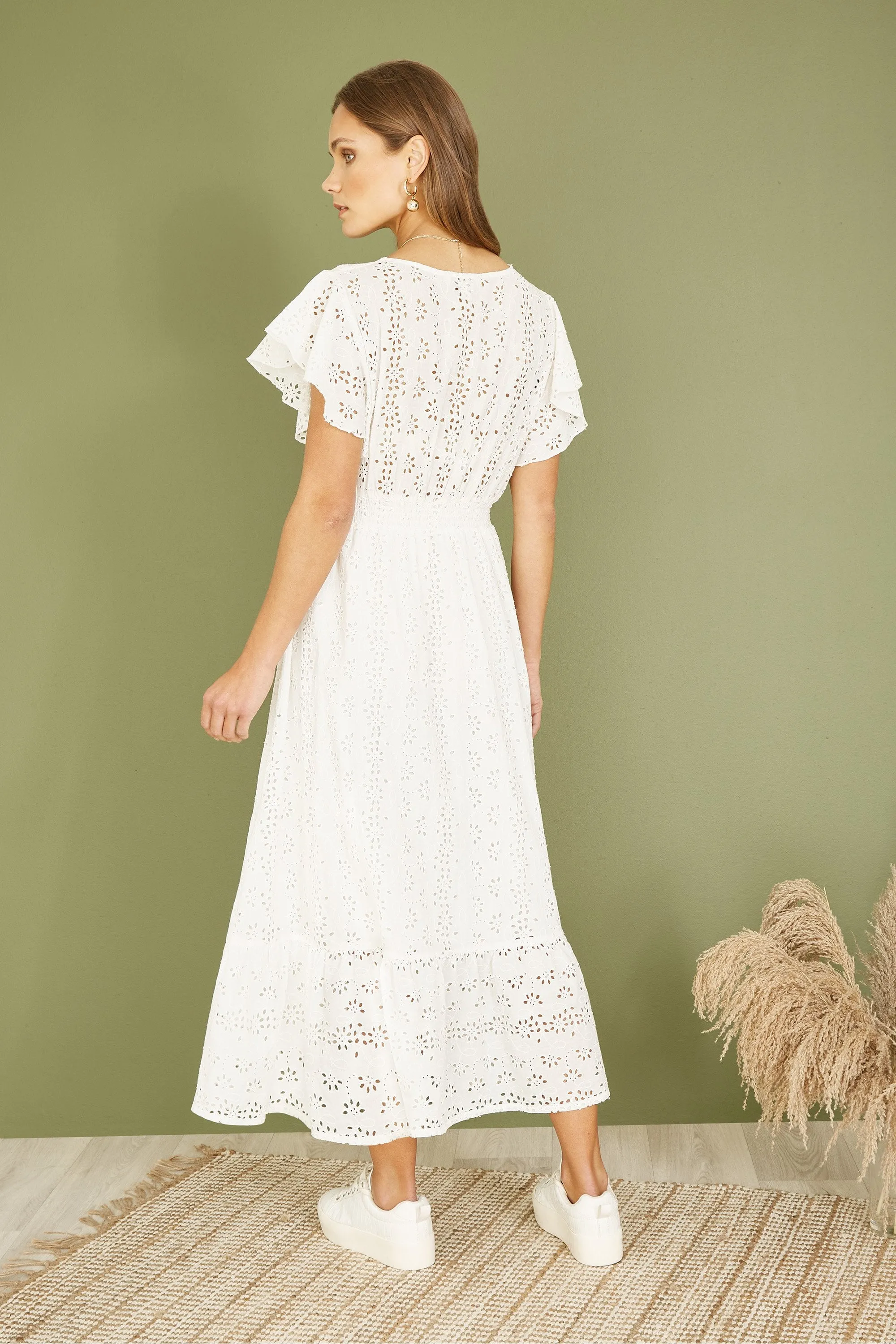 Yumi White Cotton Broderie Anglaise Wrap Midi Dress