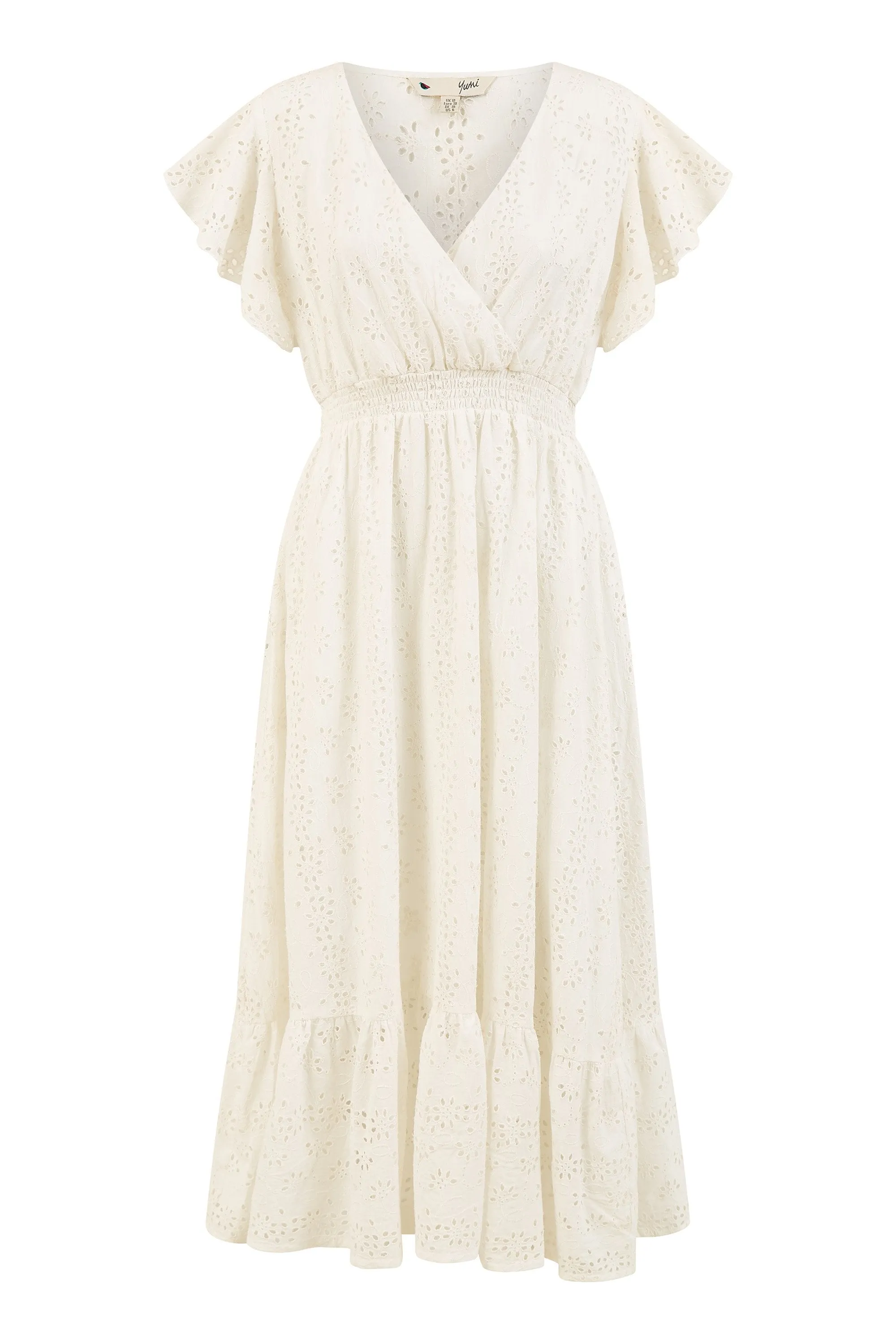 Yumi White Cotton Broderie Anglaise Wrap Midi Dress