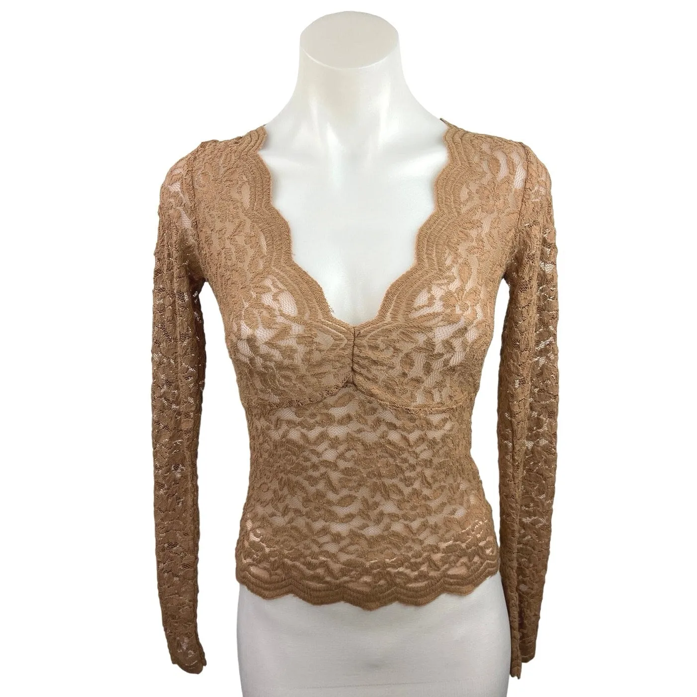 ZARA Brown V-Neck Long Sleeve Pullover Floral Lace Embroidered Blouse Tee Top S