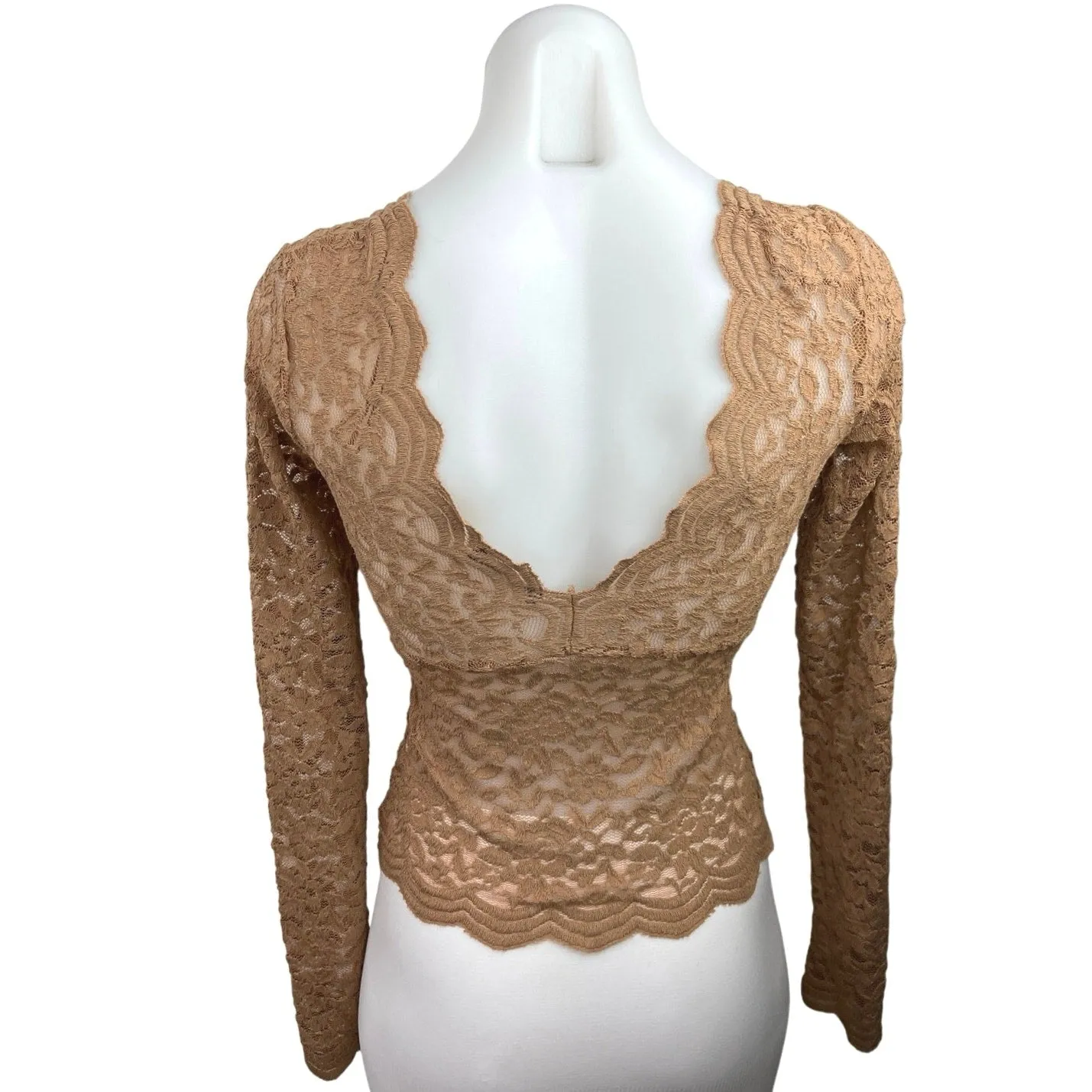 ZARA Brown V-Neck Long Sleeve Pullover Floral Lace Embroidered Blouse Tee Top S