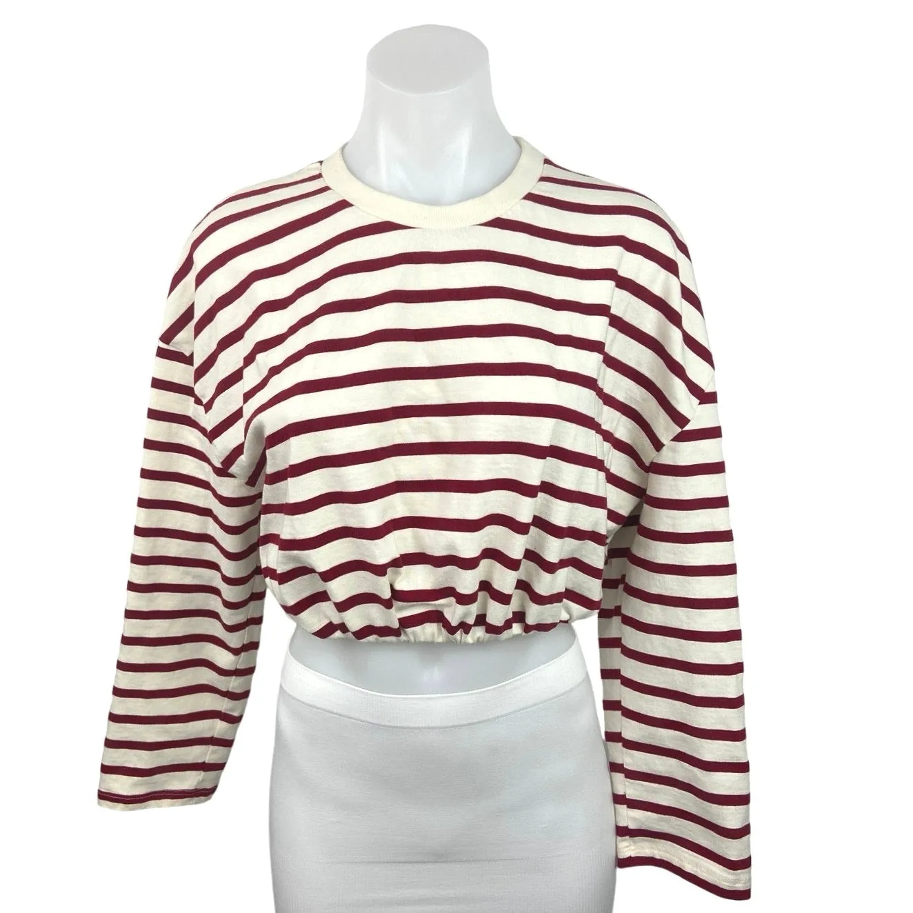 Zara NWT White Red Striped Crew Neck Long Sleeve Garterized Crop Pullover Top M