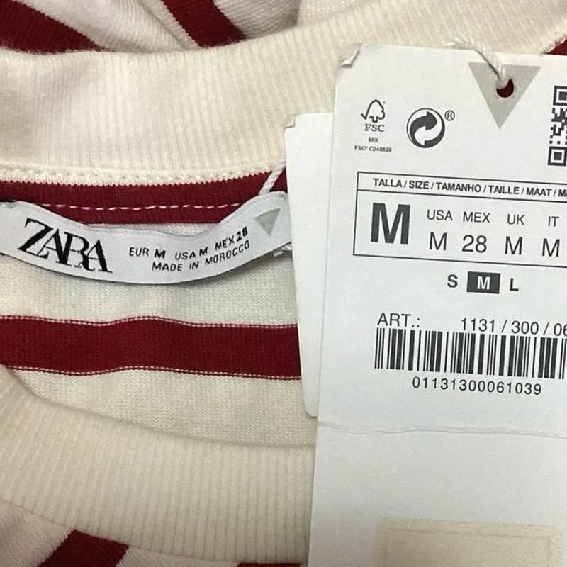 Zara NWT White Red Striped Crew Neck Long Sleeve Garterized Crop Pullover Top M